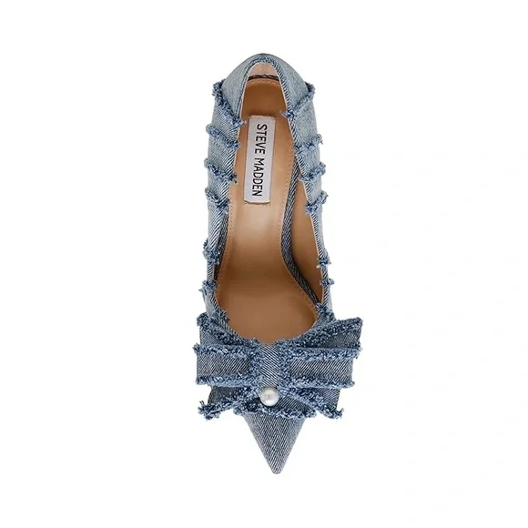 Steve Madden Denim Frayed Heels with Pearl Accent - Picture 2 of 4